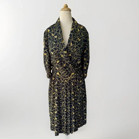 Vintage Dresses | Vtg MS Chaus Chain Print Baroque Day Wrap Midi Dress Plus Sz 18 Black Gold 90s | Color: Black/Gold | Size: 18 | Laleereclaimed's